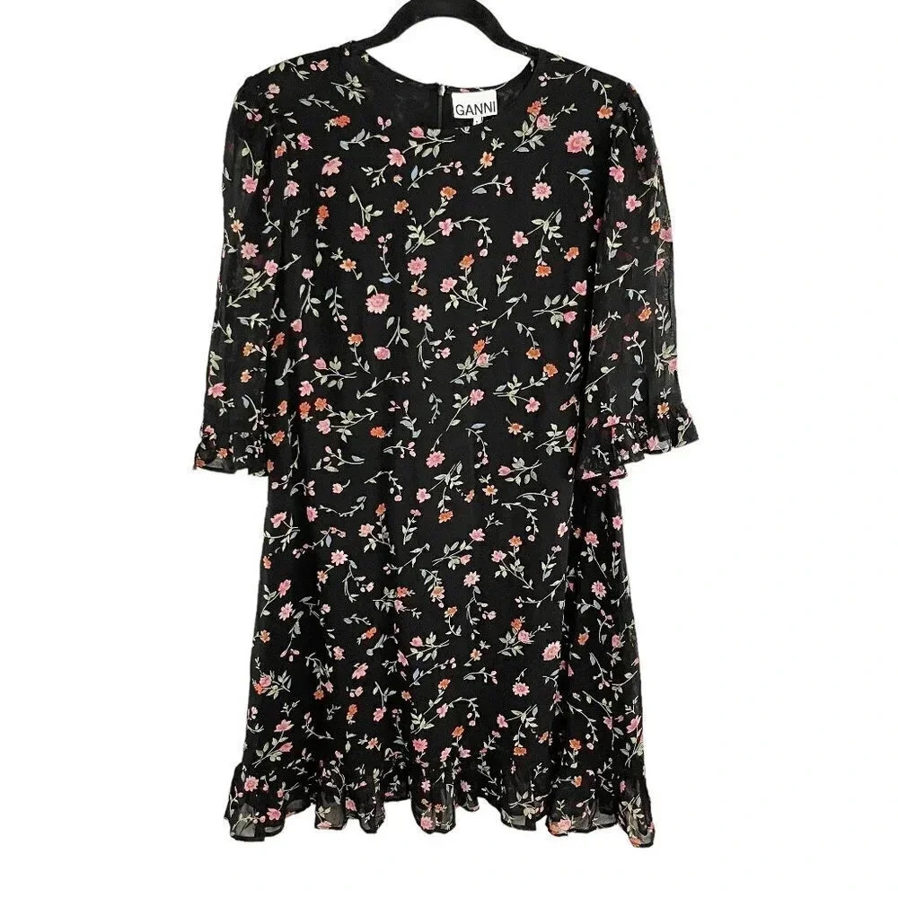 Ganni Elm Black Floral Georgette Ruffle Hem Dress Women's EU Size 42 or US 10